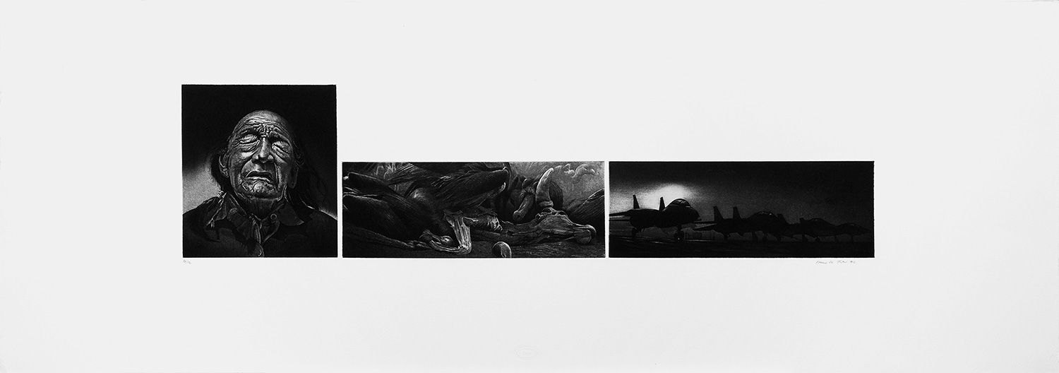 Warten auf Stille | Radierung, Vernis mou, Kaltnadel, Aquatinta auf Velin | 108 x 38 cm